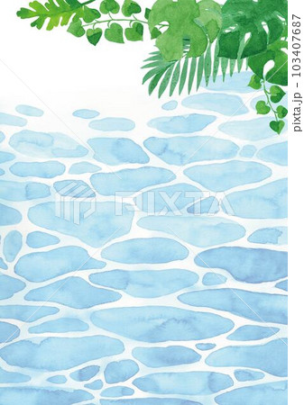 熱帯植物と海　手描き水彩イラスト背景 A4縦 103407687