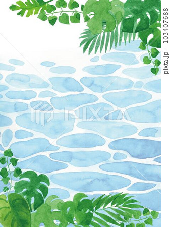 熱帯植物と海　手描き水彩イラスト背景 A4縦 103407688