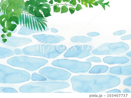 熱帯植物と海　手描き水彩イラスト背景 A4横 103407737