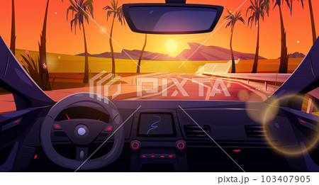 Sunset road with inside car dashboard view vector 103407905