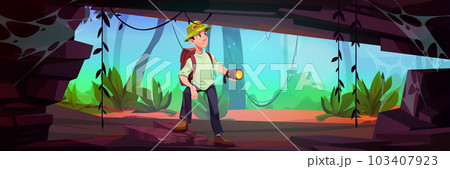 Man backpacker explore jungle forest cave vector Man backpacker explore jungle forest cave vector 103407923