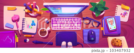Study work desk top view with computer and mouse 103407932