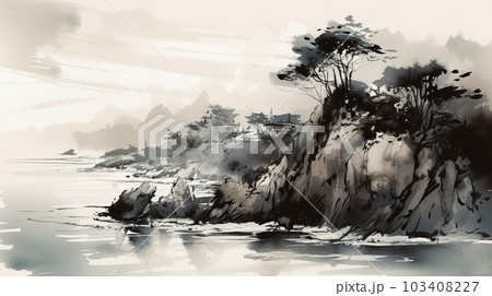 海の水墨画風イラスト AI画像のイラスト素材 [103408227] - PIXTA