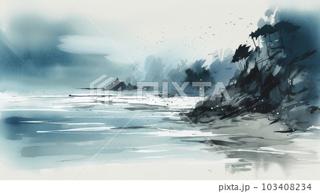 海の水墨画風イラスト AI画像のイラスト素材 [103408234] - PIXTA