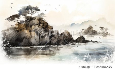 海の水墨画風イラスト　AI画像 103408235