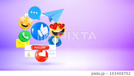 Social media icons and emoji with account profile. Vector 3d banner with copy space 103408702