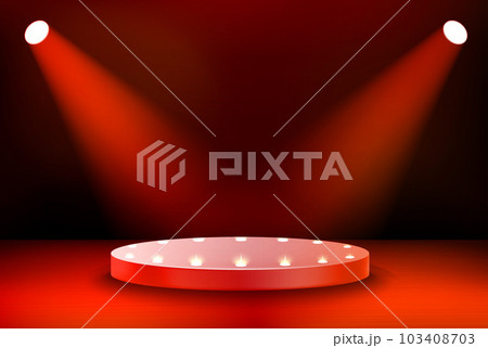 Interior with stage and shining projectors. 3d vector illustration Interior with stage and shining projectors. 3d vector illustration 103408703