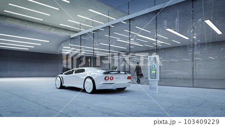 3d Businessman parked car charging outside office 103409229