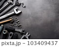 Auto mechanic's tools on grey stone table with copy space	 103409437