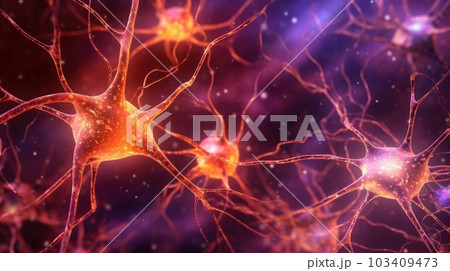 Neuron cells connect neurons with glowing link knots in the human brain. Brainstorm electricity brain cells. Generative AI. 103409473
