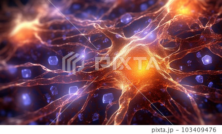 Neuron cells connect neurons with glowing link knots in the human brain. Brainstorm electricity brain cells. Generative AI. 103409476