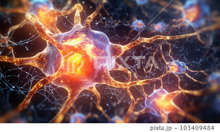 Neuron cells connect neurons with glowing link knots in the human brain. Brainstorm electricity brain cells. Generative AI. 103409484