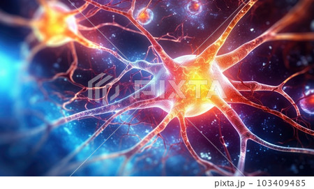 Neuron cells connect neurons with glowing link knots in the human brain. Brainstorm electricity brain cells. Generative AI. 103409485