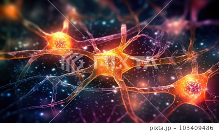 Neuron cells connect neurons with glowing link knots in the human brain. Brainstorm electricity brain cells. Generative AI. Neuron cells connect neurons with glowing link knots in the human brain. Brainstorm electricity brain cells. Generative AI. 103409486