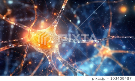 Neuron cells connect neurons with glowing link knots in the human brain. Brainstorm electricity brain cells. Generative AI. Neuron cells connect neurons with glowing link knots in the human brain. Brainstorm electricity brain cells. Generative AI. 103409487