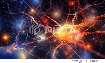 Neuron cells connect neurons with glowing link knots in the human brain. Brainstorm electricity brain cells. Generative AI. 103409488