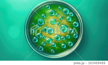 Green bacteria and virus cells in petri dish at scientific laboratory. Mold culture PDA agar. Experimental for biochemistry, Biotechnology, Biology science laboratory. Generative AI 103409489