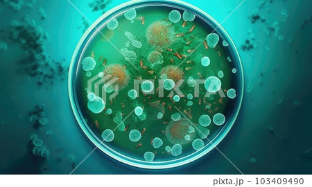 Green bacteria and virus cells in petri dish at scientific laboratory. Mold culture PDA agar. Experimental for biochemistry, Biotechnology, Biology science laboratory. Generative AI 103409490