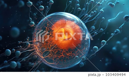 Microscope of Orange embryo cell. Stem cell research and treatment. Science and technology concept. Generative AI 103409494