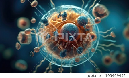 Microscope of Orange embryo cell. Stem cell research and treatment. Science and technology concept. Generative AI Microscope of Orange embryo cell. Stem cell research and treatment. Science and technology concept. Generative AI 103409495