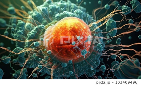 Microscope of Orange embryo cell. Stem cell research and treatment. Science and technology concept. Generative AI 103409496