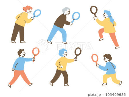 虫眼鏡を持って何かを調査している男女_セット_色 103409686