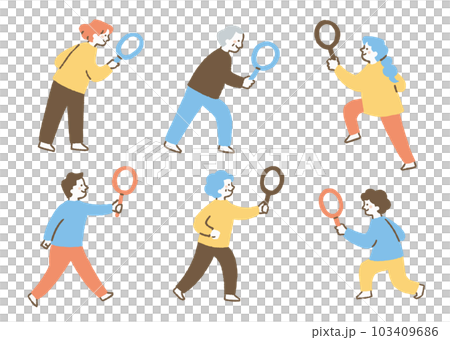 虫眼鏡を持って何かを調査している男女_セット_色 103409686