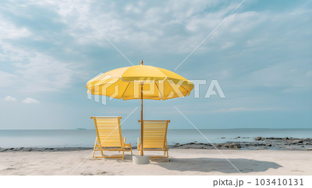 two yellow beach chairs and umbrella on the beach, summertime, vacation, beautiful travel destination concept, Generative AI 103410131
