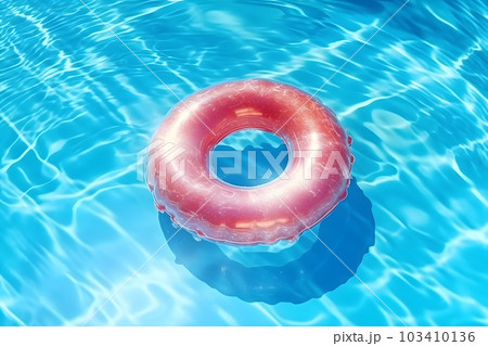a pink inflatable ring floating on the surface of water in swimming pool, summertime, outdoor activity, sport, vacation concept minimal background. Generative AI 103410136