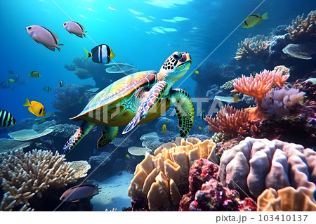 A sea turtle swimming in the ocean with colorful coral reef and tropical fish, summertime, environment, ecosystem, biodiversity concept. Generative AI 103410137