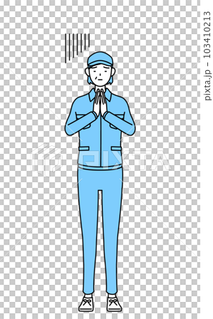 戴帽子、身著工作服、雙手放在身前道歉的高級女性（經理、經理、老闆） 103410213