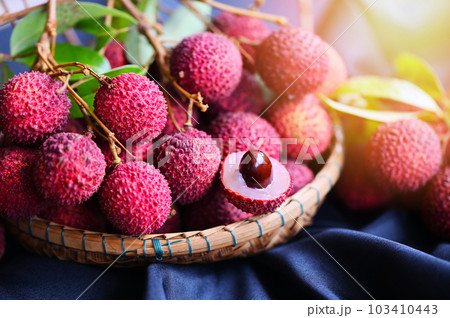 lychees on basket, fresh ripe lychee fruit tropical fruit peeled lychees slice in Thailand lychees on basket, fresh ripe lychee fruit tropical fruit peeled lychees slice in Thailand 103410443
