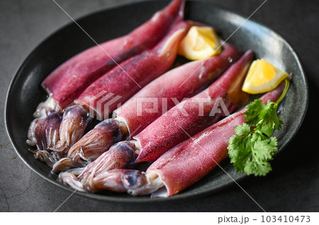 fresh squids octopus or cuttlefish for cooked food at restaurant or seafood market, Raw squid on plate with salad spices lemon on the dark plate background 103410473