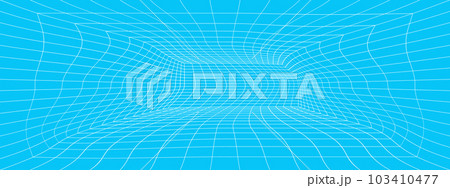 Distorted white square room wireframe in perspective on blue background. Hallway, studio, portal or box warped grid structure Distorted white square room wireframe in perspective on blue background. Hallway, studio, portal or box warped grid structure 103410477