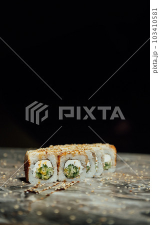 Sai roll sushi with royal prawn, avocado, cream cheese, sesame. Sushi menu. Japanese food Sai roll sushi with royal prawn, avocado, cream cheese, sesame. Sushi menu. Japanese food 103410581