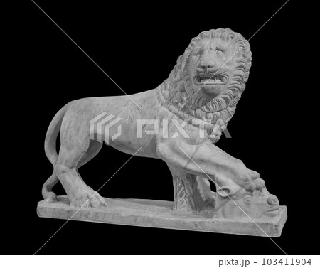 Stone lion statue. Ancient sculpture art masterpiece isolated photo with clipping path Stone lion statue. Ancient sculpture art masterpiece isolated photo with clipping path 103411904