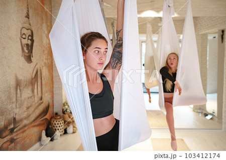 workshop of air yoga and stretching in yoga studio workshop of air yoga and stretching in yoga studio 103412174
