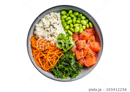Hawaiian Poke bowl with Salmon, Edamame and Rice. Isolated on white background. Hawaiian Poke bowl with Salmon, Edamame and Rice. Isolated on white background. 103412256