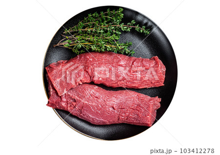 Halal fresh lamb tenderloin meat, Mutton sirloin fillet with thyme. Isolated on white background. 103412278