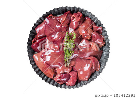 Uncooked Raw chicken liver, poultry offals in steel plate. Isolated on white background. 103412293