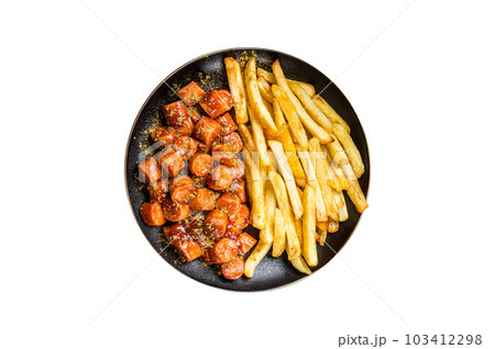 German currywurst meal, curry wurst with french fry served in a plate. Isolated on white background. German currywurst meal, curry wurst with french fry served in a plate. Isolated on white background. 103412298