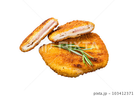 Schnitzel Cordon bleu fillet cutlet with ham and cheese. Isolated on white background. Schnitzel Cordon bleu fillet cutlet with ham and cheese. Isolated on white background. 103412371
