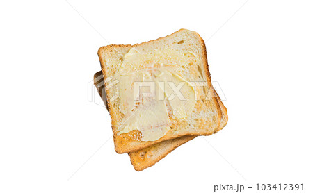 Slices of toast bread with butter on wooden board. Isolated on white background. 103412391