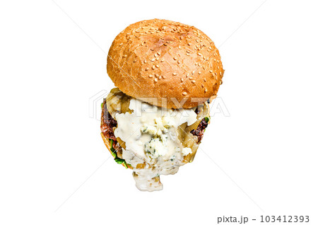 Homemade cheeseburger with blue cheese, bacon, marbled beef and onion marmalade, a side dish of salad with arugula and oranges. Isolated on white background. Homemade cheeseburger with blue cheese, bacon, marbled beef and onion marmalade, a side dish of salad with arugula and oranges. Isolated on white background. 103412393