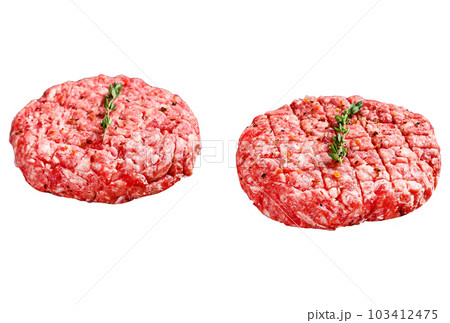 The ground beef patties, minced meat cutlets. Isolated on white background. The ground beef patties, minced meat cutlets. Isolated on white background. 103412475