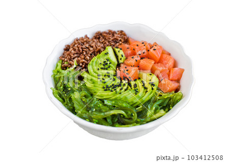Salmon salad, avocado, brown rice, seaweed. Isolated on white background Salmon salad, avocado, brown rice, seaweed. Isolated on white background 103412508