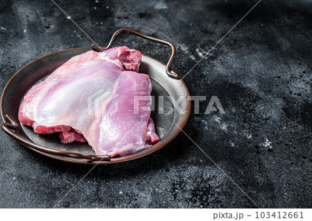 Raw Turkey boneless and skinless thigh fillet. Farm eco meat. Black background. Top view. Space for text 103412661