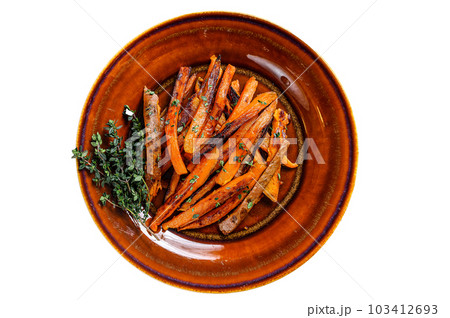 Batata Sweet Potato french fries. Isolated on white background. 103412693