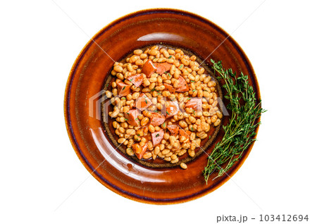 Kidney beans with smoked sausage and tomato sauce in a plate. Isolated on white background. 103412694