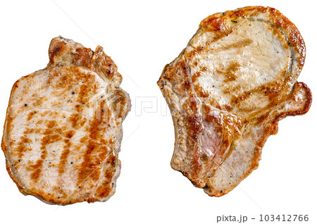 Grilled pork cutlets in a pan. Organic meat steak. Isolated on white background. Grilled pork cutlets in a pan. Organic meat steak. Isolated on white background. 103412766